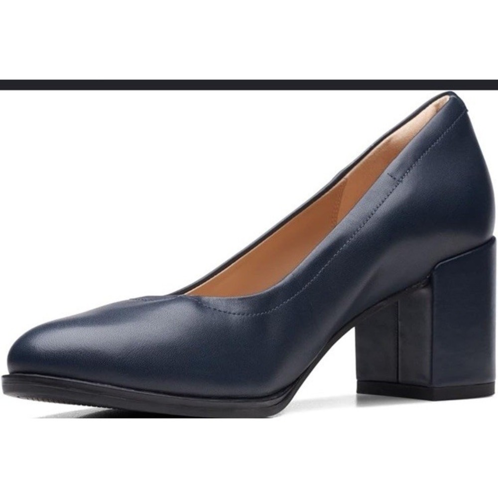 Clarks 10 M Freva 55 Court Pumps Navy Leather Classic Career Block Heels $110 - Picture 5 of 16